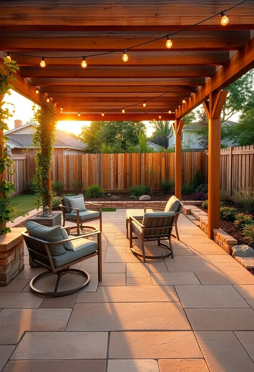 Fully renovated backyard with flagstone patio, pergola, landscaped garden beds, and outdoor dining area at golden hour
