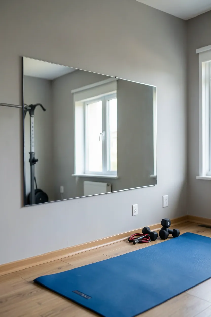 Large frameless wall mirror reflecting a small home gym corner with dumbbells and exercise mat — form-check mirror for apartment workout space