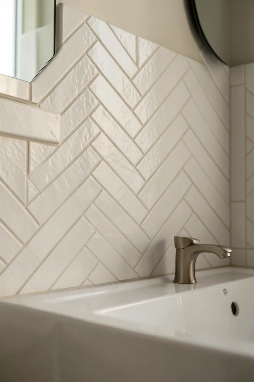 Light grey herringbone textured tile feature wall behind white bathroom vanity in a modern apartment, adding depth without overwhelming a small space