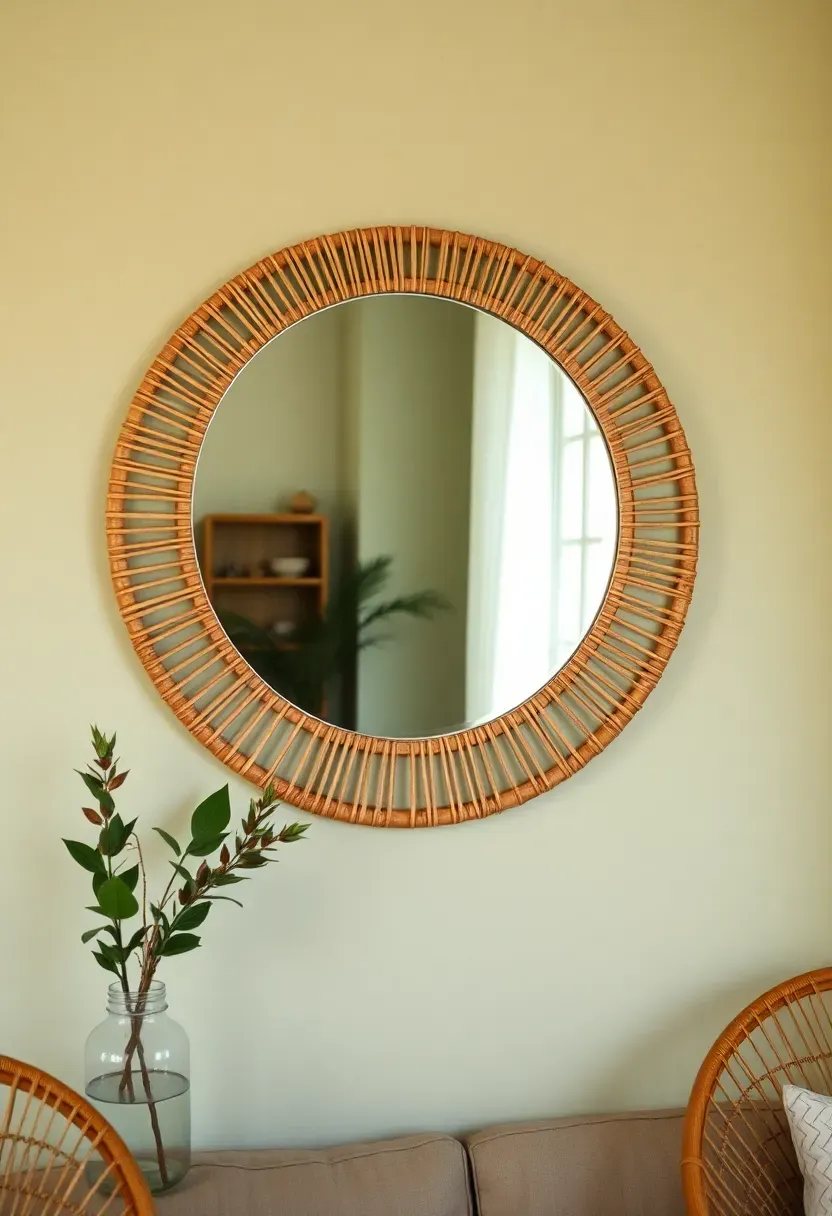 Round rattan-framed mirror reflecting natural light in a boho minimalist small living room