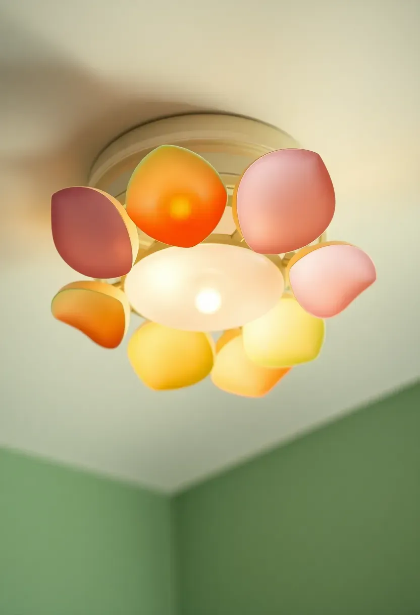 Flower-shaped colorful glass ceiling light fixture in a cheerful small bathroom
