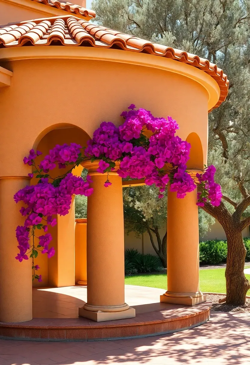 A Mediterranean-style stucco gazebo with arched openings, terracotta tile roof, wrought iron accents, and bougainvillea climbing one column in a sun-drenched backyard with olive trees