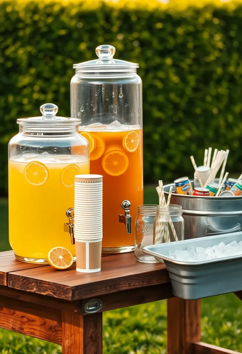 A self-serve drink bar set up on a wooden table with glass dispensers of lemonade and iced tea, cups, and a bucket of ice at a backyard party