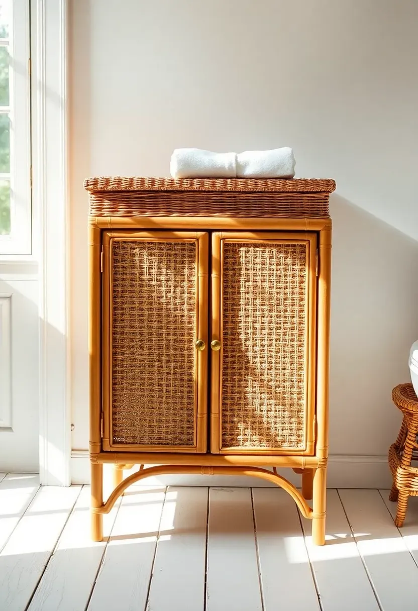 Freestanding wicker and rattan bathroom storage cabinet with woven doors in a bright airy bathroom