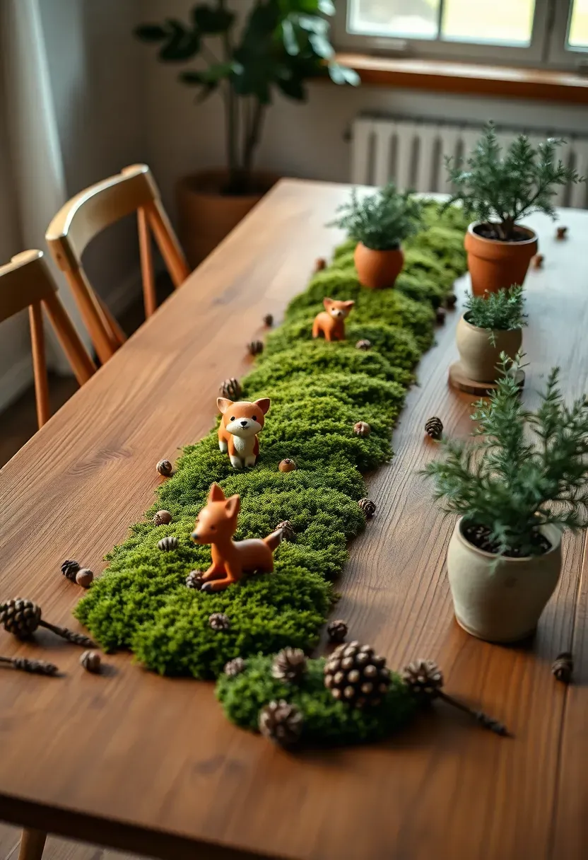 woodland baby shower theme with moss runner fox figurines pinecone accents and earthy toned tableware on a long rustic wooden table