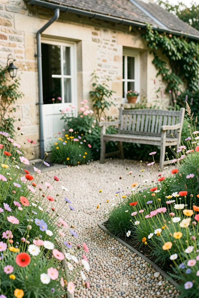 Cottage-Style Gravel Patio with Wildflowers
