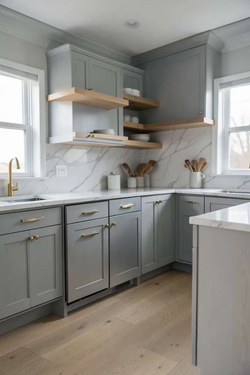 Light gray shaker cabinets with warm oak floating shelves, brass hardware, and quartz countertop — nature-inspired coastal kitchen palette