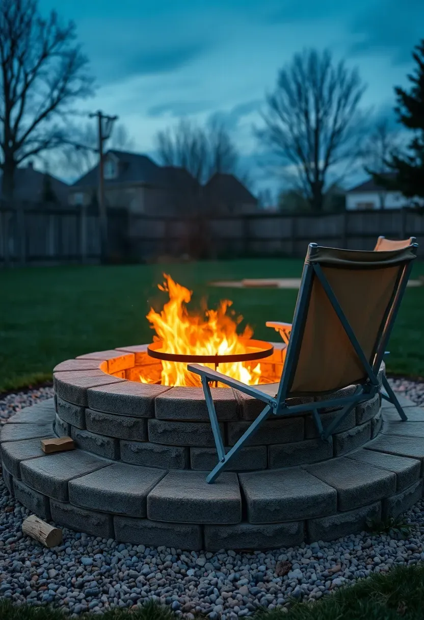A round backyard fire pit built from stacked concrete retaining wall blocks on a gravel base, with flames burning inside and two wooden camp chairs nearby at dusk