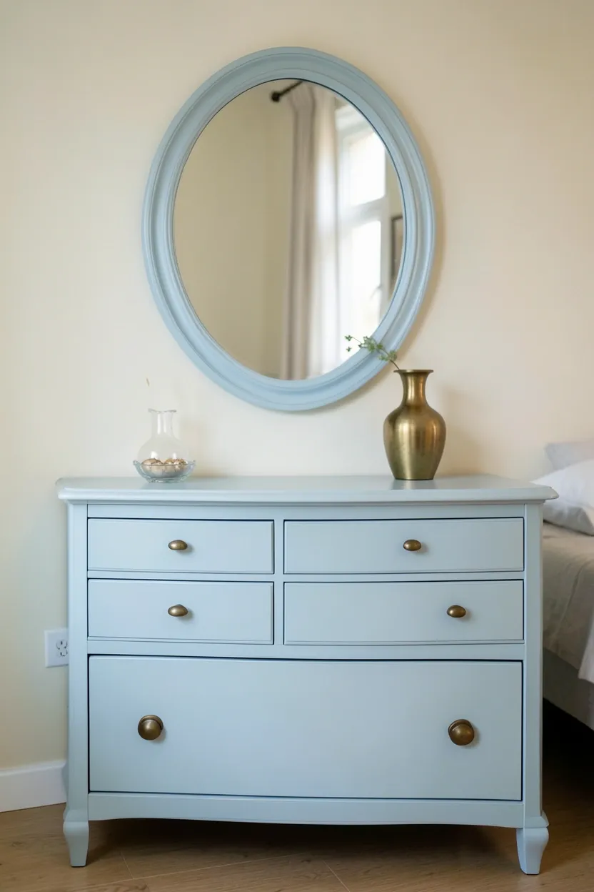 Hyper-realistic eye-level photograph of pale blue dresser with large round mirror mounted above. Six drawers with brass pulls, minimal accessories on surface including small vase and jewelry dish. Neutral cream walls, glimpses of bed in background. Materials: painted pale blue wood dresser, brass drawer pulls, mirror with beveled edge, brass vase. Natural light from window, elegant organized atmosphere. Shallow depth of field, sharp details on dresser finish and brass hardware, balanced composition showing dresser and mirror. No text, no logos, no watermarks.</p>