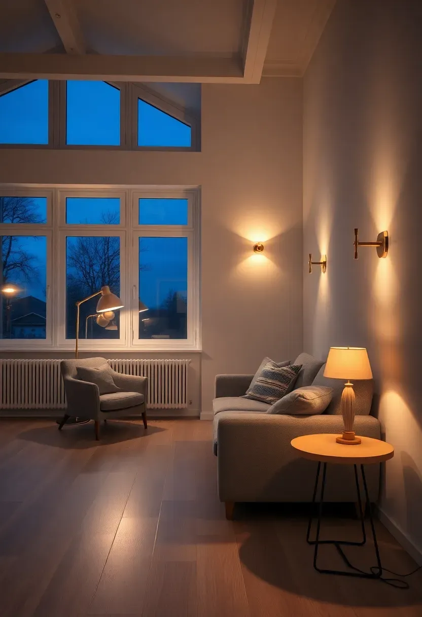 Hyper-realistic wide view of Scandinavian living room at twilight showing layered lighting. Multiple light sources including floor lamp in corner, table lamp on side table, wall sconces, all creating warm pools of light. White walls reflecting light, light oak floor, grey sofa, minimal furniture. Materials: white oak, grey linen, brass lamp fixtures. Dark blue twilight outside windows, warm golden light indoors creating cozy contrast. Hygge mood with warm palette. Shallow depth of field, sharp details on lamp fixtures, minimalist arrangement, visible windows with evening sky.</p>