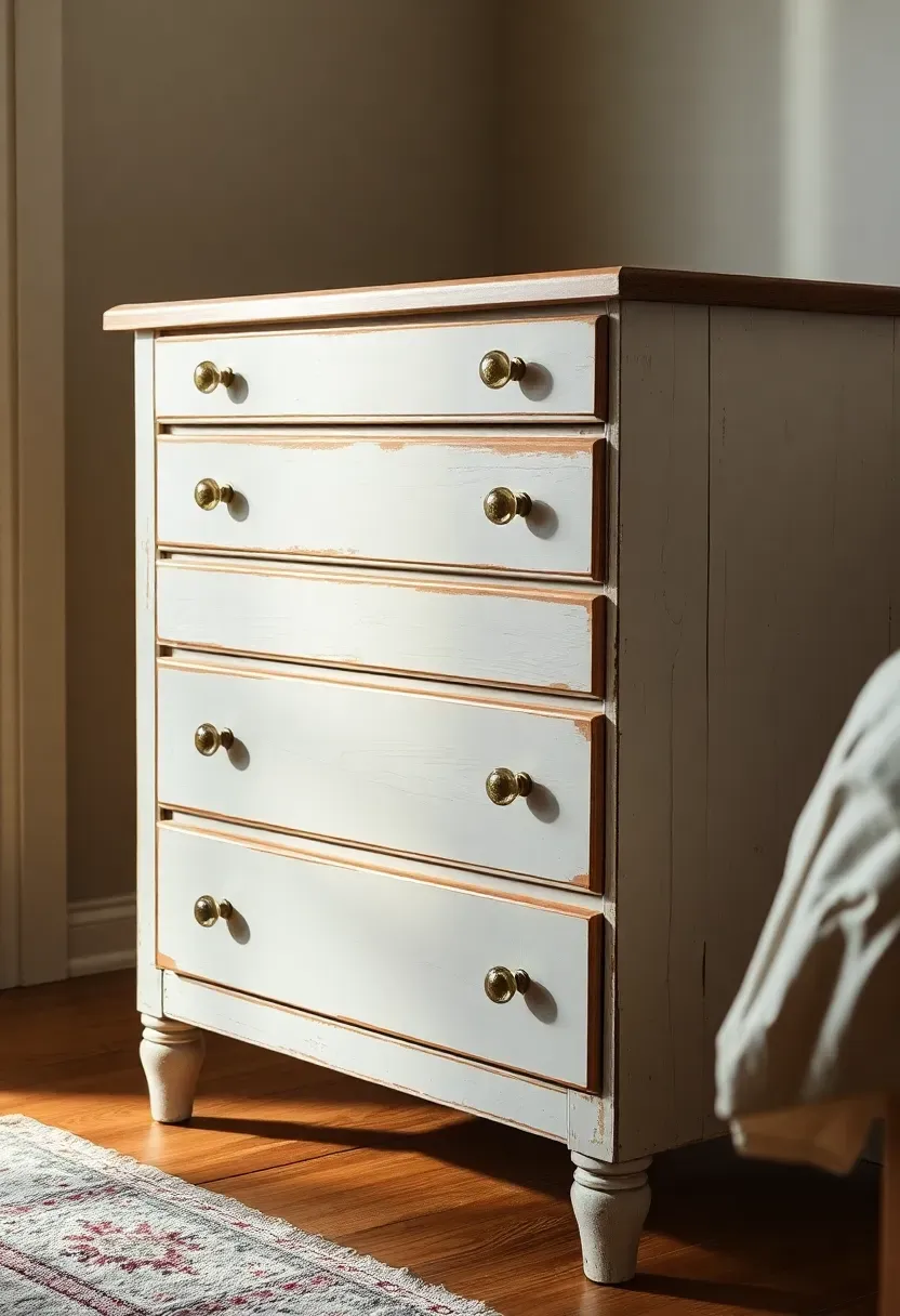 Antique wooden dresser with weathered finish and vintage glass knobs in shabby chic bedroom