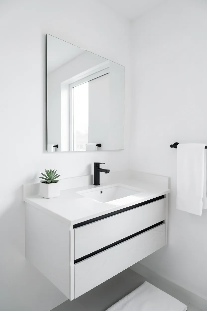 Pure minimalist black and white bathroom with abundant natural light through large window — serene monochrome retreat