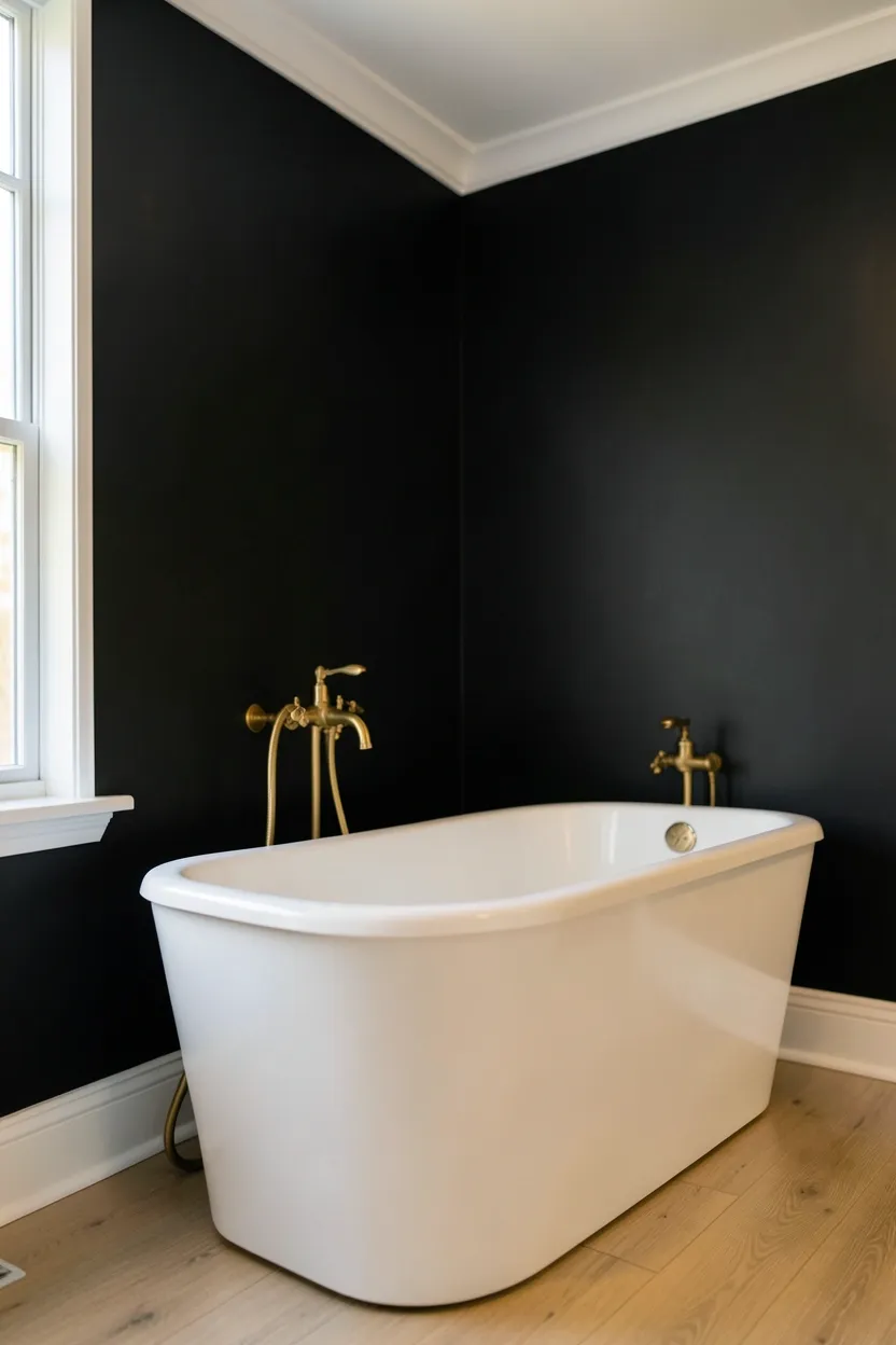 Black painted feature wall behind bathroom vanity with white walls on sides — budget-friendly accent wall for renters