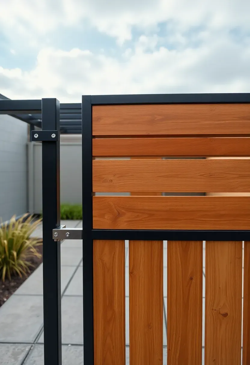 Modern horizontal slat gate with evenly spaced cedar boards and matte black hardware in a contemporary backyard