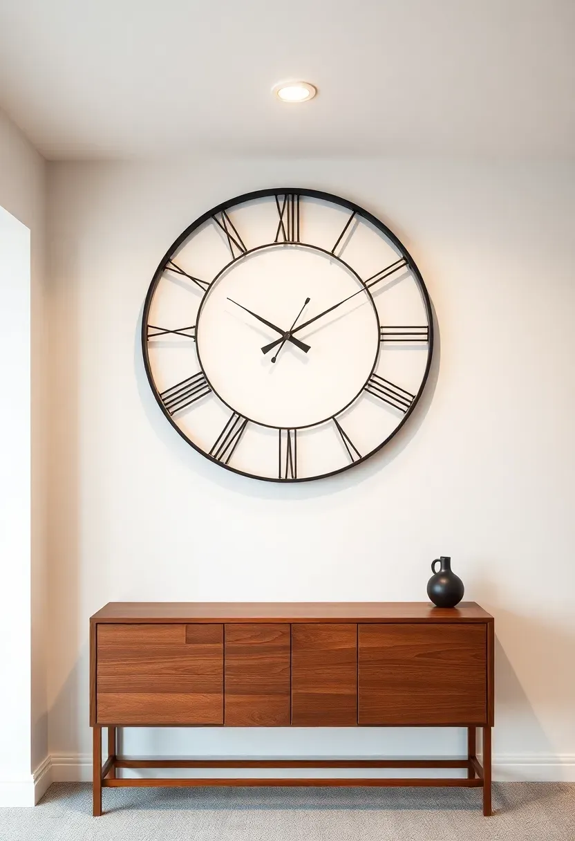 Large modern decorative wall clock with a minimalist black metal frame mounted on a white basement wall above a console
