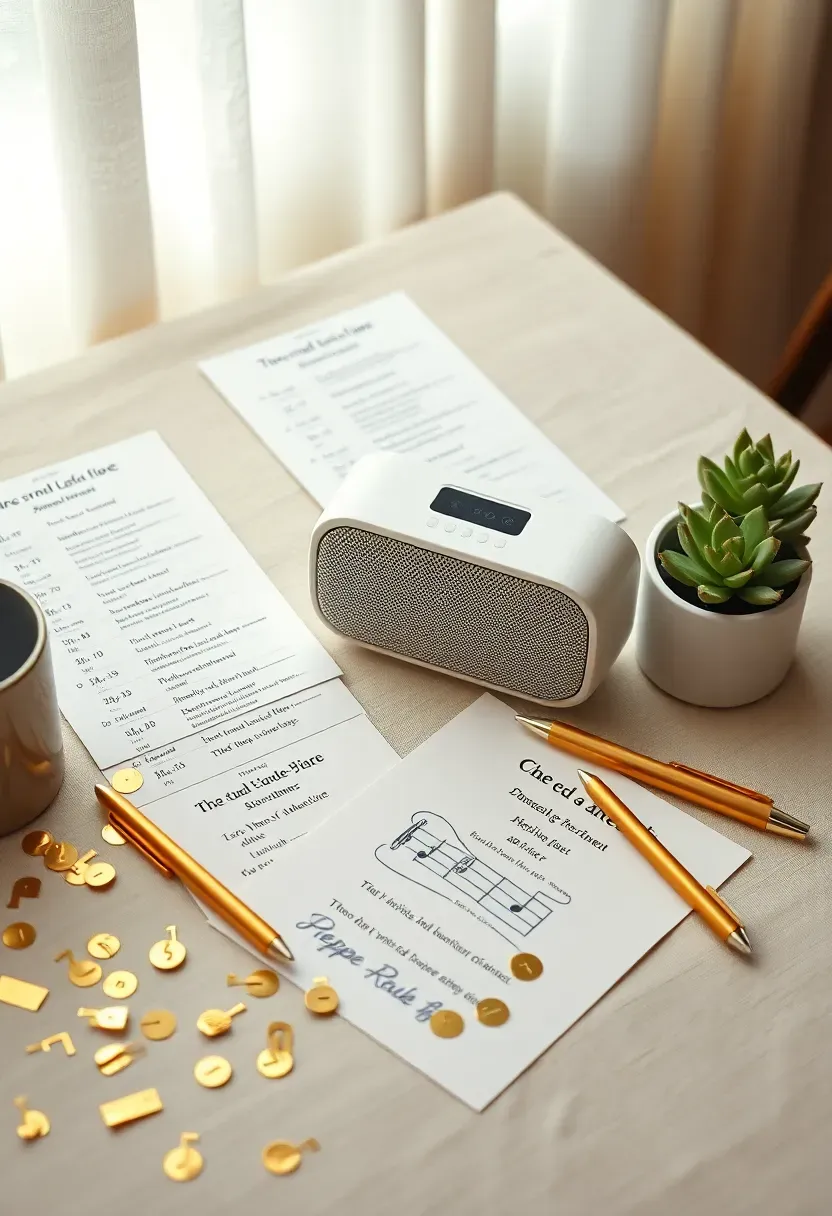 speaker playing music at a baby shower game table with song title answer sheets and pens