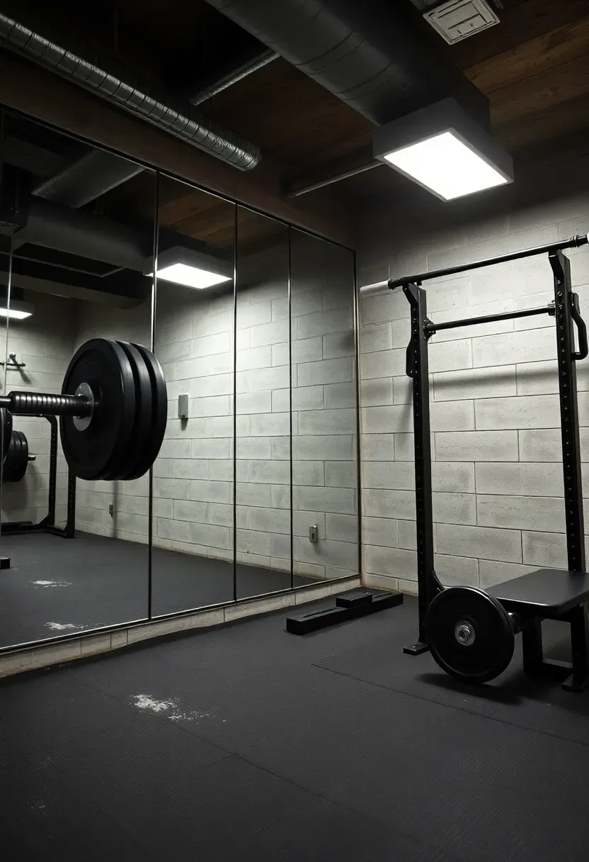 Basement home gym with a full mirror wall, rubber mat flooring, squat rack, weight bench, and ceiling-mounted pull-up bar