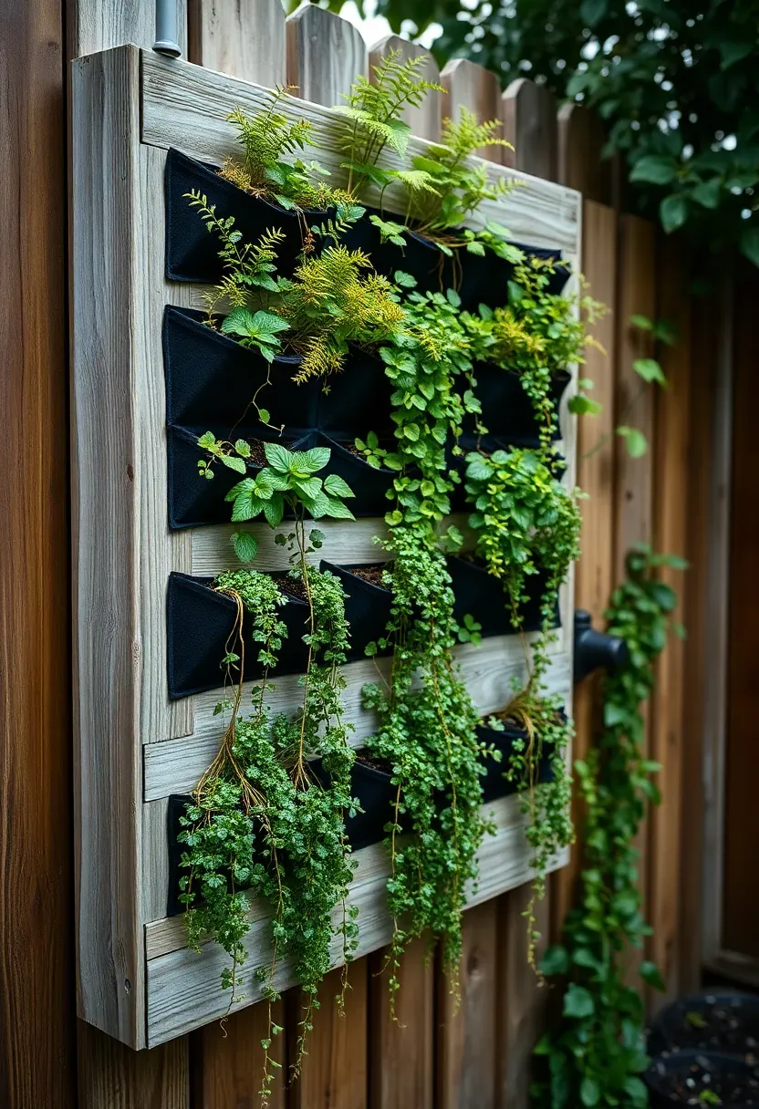 Vertical garden panel made of reclaimed wood pallets with cascading ferns and succulents on a backyard fence