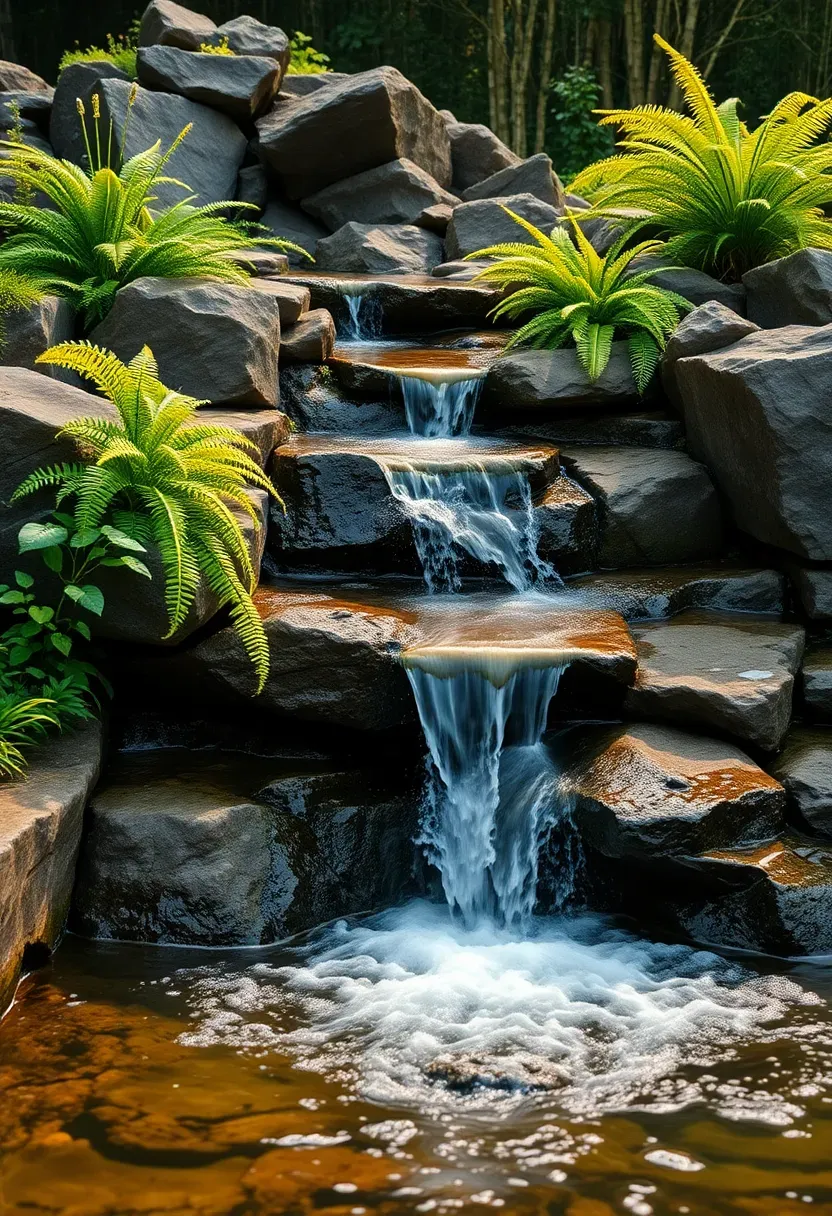 Backyard koi pond with a multi-tier natural rock waterfall cascading into the pond surrounded by ferns