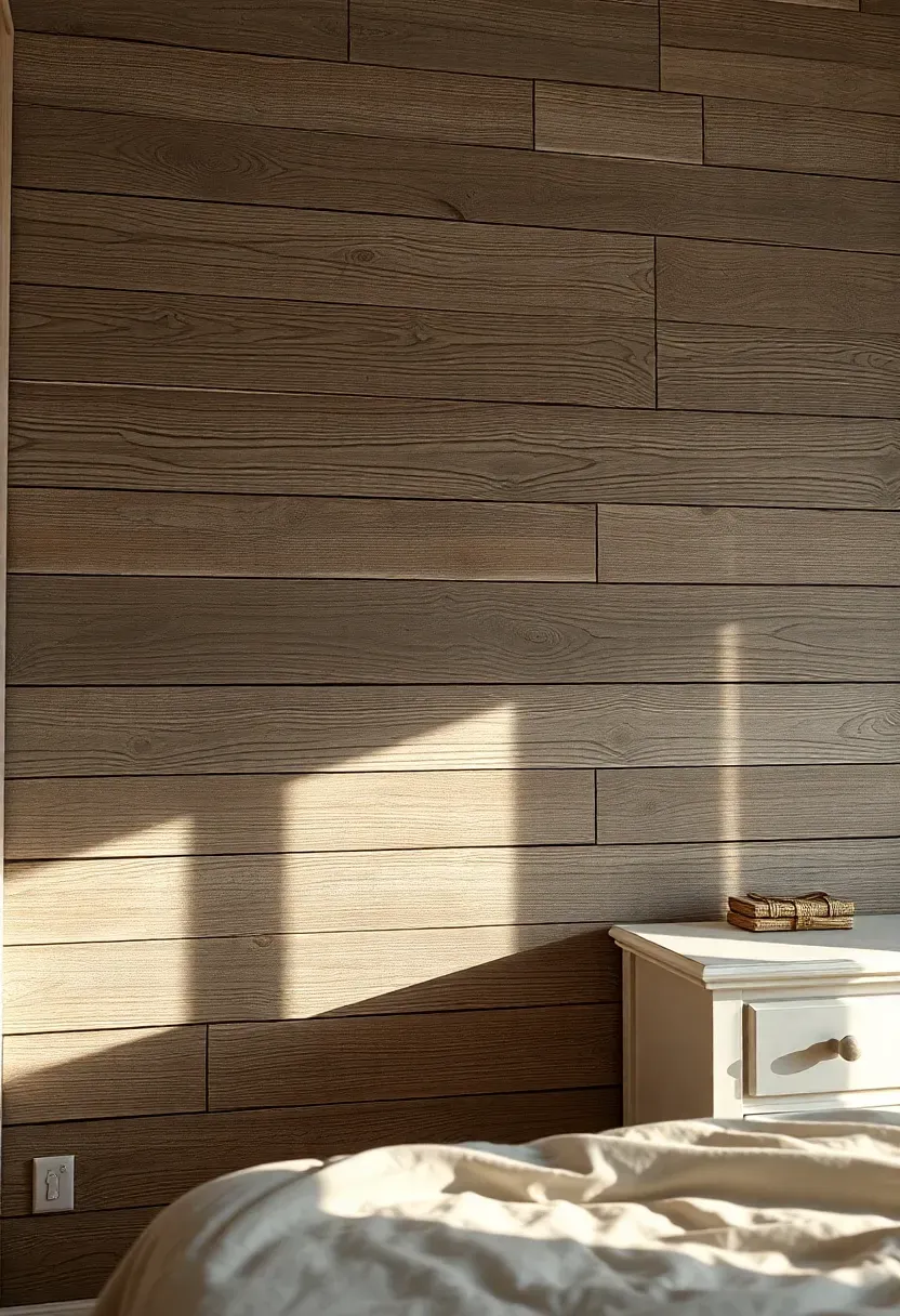 Reclaimed barn wood accent wall in rustic farmhouse bedroom with natural grain and weathered patina