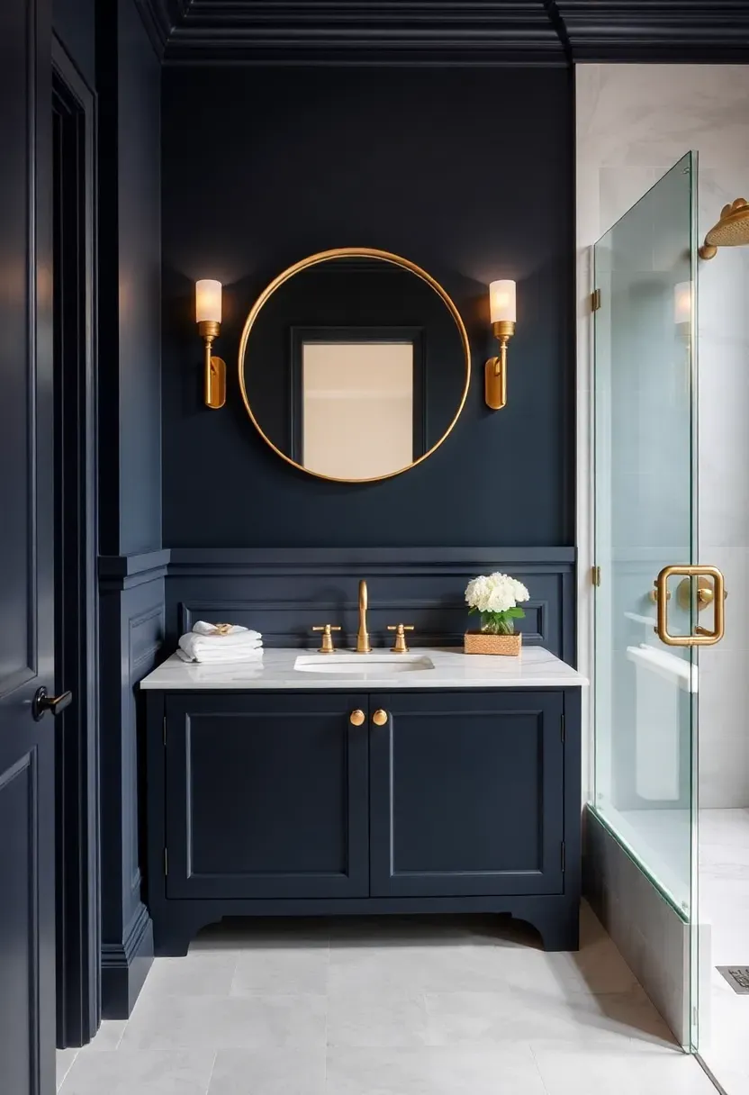 Deep navy with warm gold accents