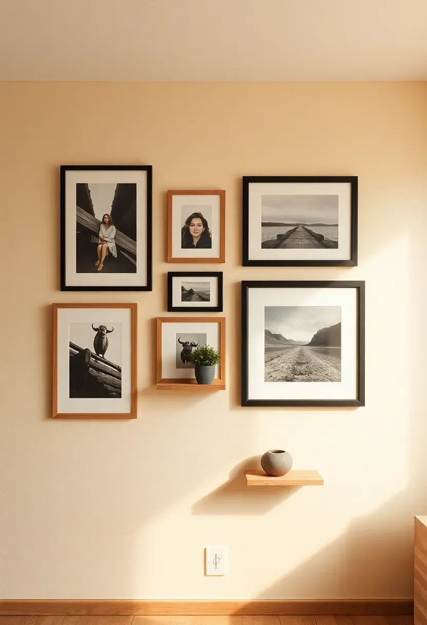 Gallery wall arrangement on a basement apartment wall with framed prints, photographs, and small shelves in a varied asymmetric layout