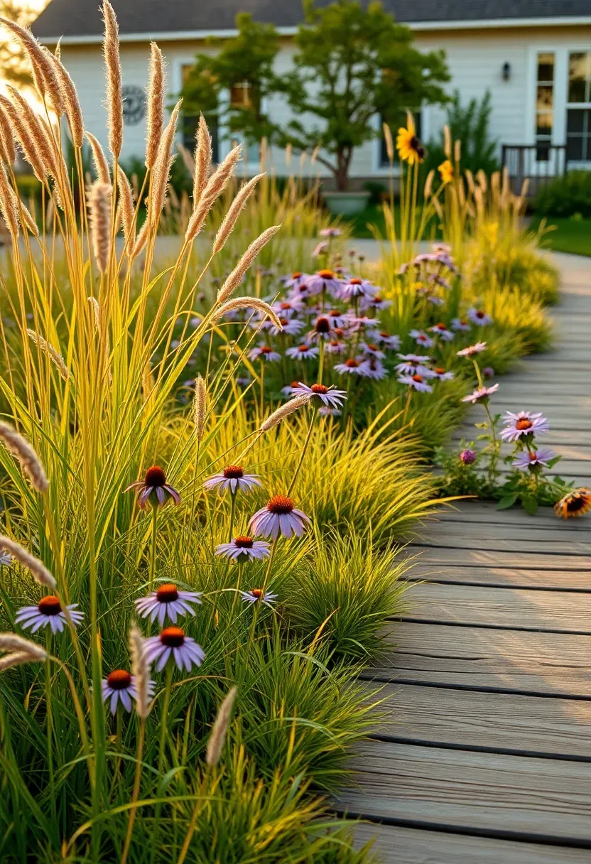 Hyper-realistic 3/4 view of a prairie-style front yard garden with little bluestem grass, purple coneflowers, black-eyed susans, and native asters creating naturalistic drifts with wooden boardwalk path. Materials: prairie grasses with golden seed heads, purple and yellow native blooms, weathered cedar boardwalk. Golden hour backlighting through grasses, warm prairie gold and purple palette. Flowing, informal layout. Visible farmhouse-style home. No text, no logos, no watermarks.</p>