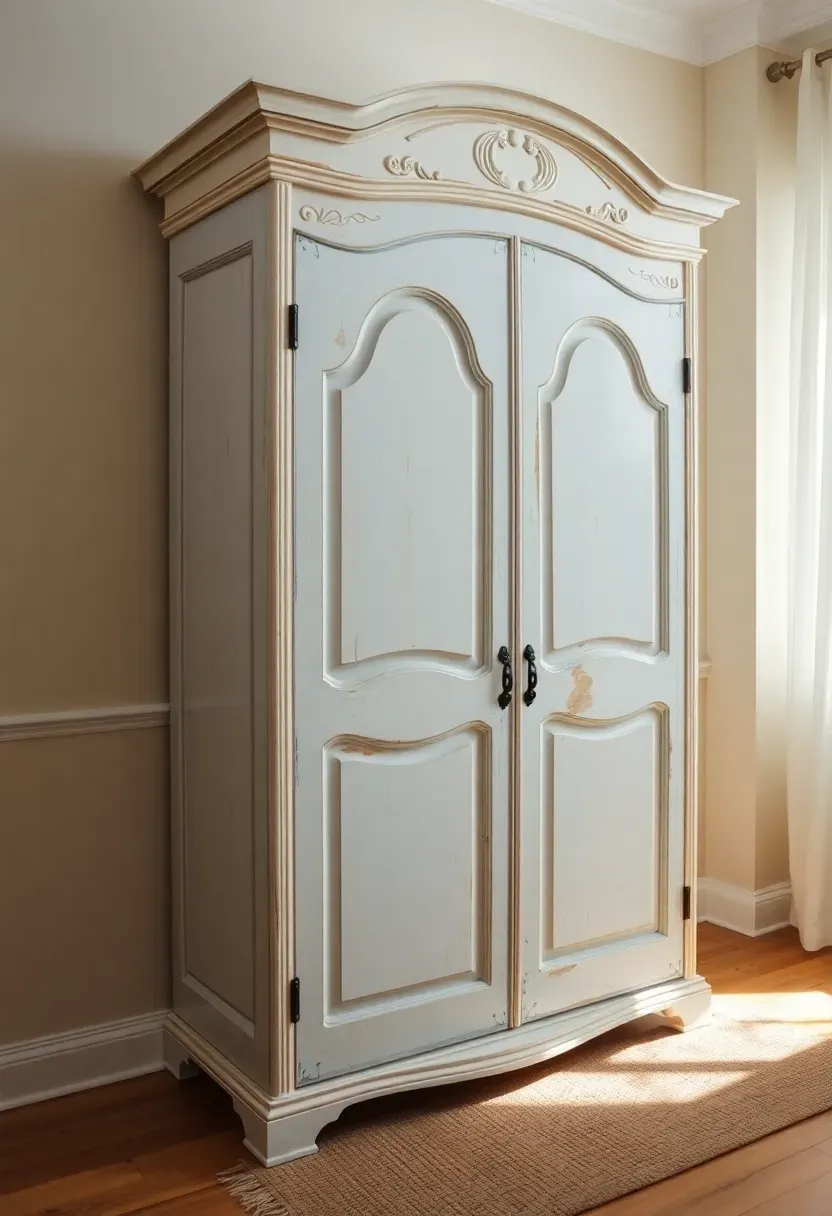 Tall French armoire with layered chalk paint finish in soft white and pale blue revealing wood underneath
