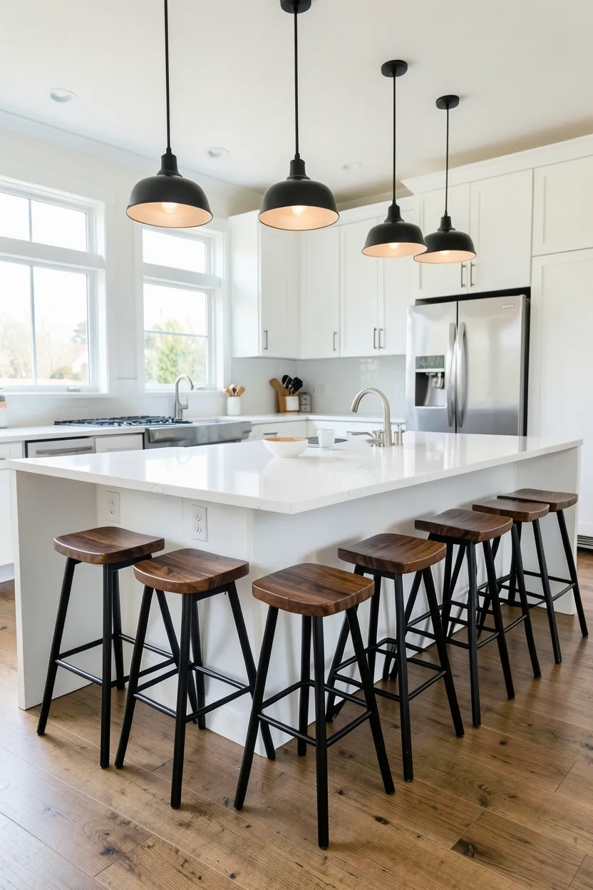 Black metal bar stools with warm wood seats at a kitchen island — stylish and comfortable rental-friendly seating option