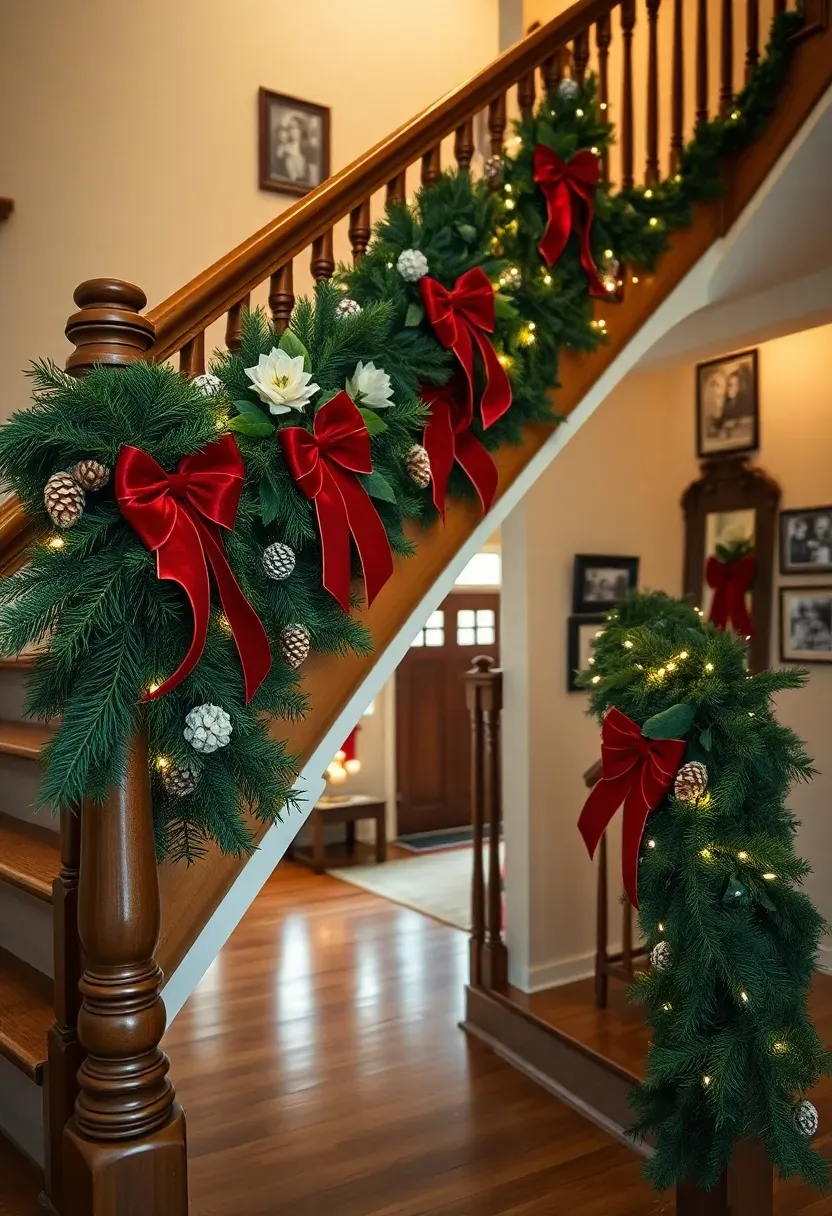 Hyper-realistic wide shot of a wooden staircase with turned banister, lush green garland wound down the railing secured at intervals with large red velvet bows, white velvet poinsettia flowers tucked into greenery, frosted pinecones scattered, white LED fairy lights woven throughout. Dark wood handrail and spindles, cream walls with family photos on the wall following the stairs, hardwood floors, entryway with front door visible at bottom of stairs. Materials: fresh pine garland, velvet ribbon, faux poinsettias, LED lights. Warm ambient lighting from overhead fixture plus sparkle from fairy lights, soft shadows on walls. Grand festive mood. Shallow depth of field with garland details sharp while showing full staircase and entryway context. No text, no logos, no watermarks.</p>