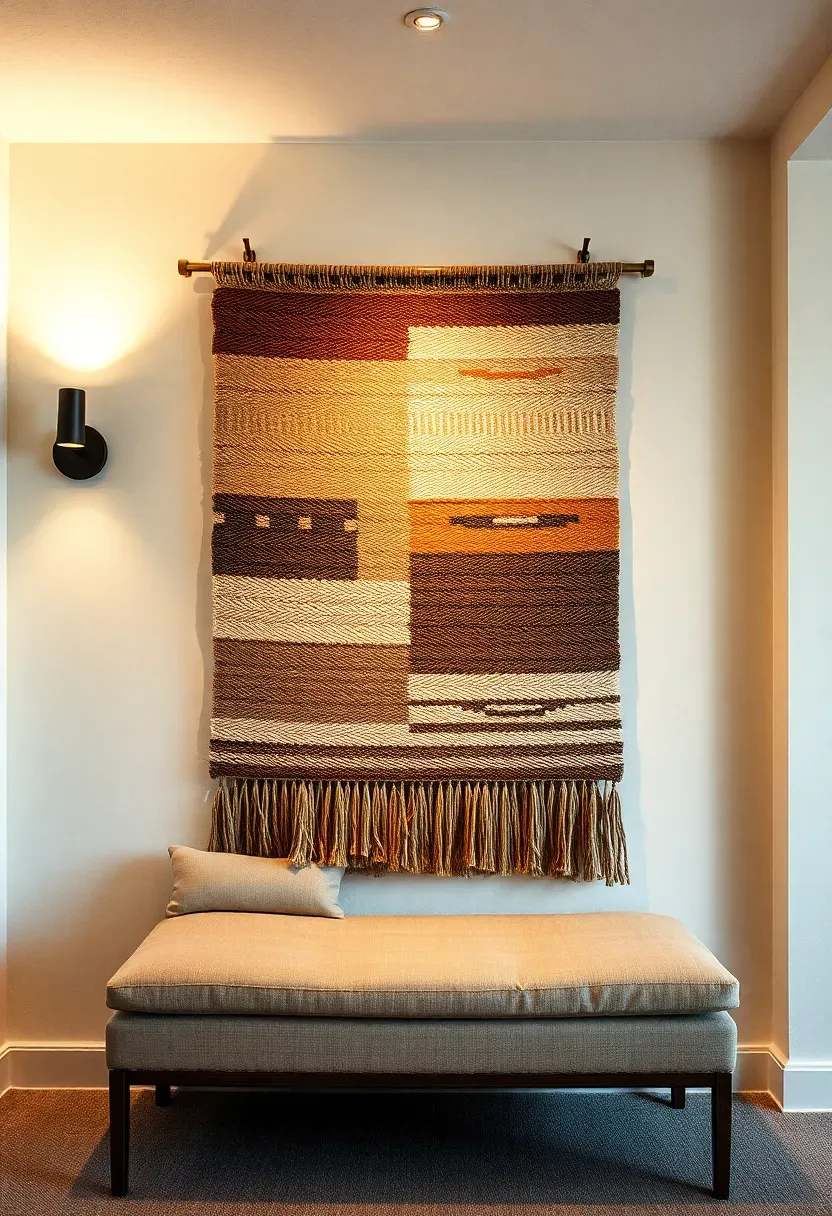Large woven textile wall tapestry in earthy tones hanging above a low bench with cushions in a finished basement room