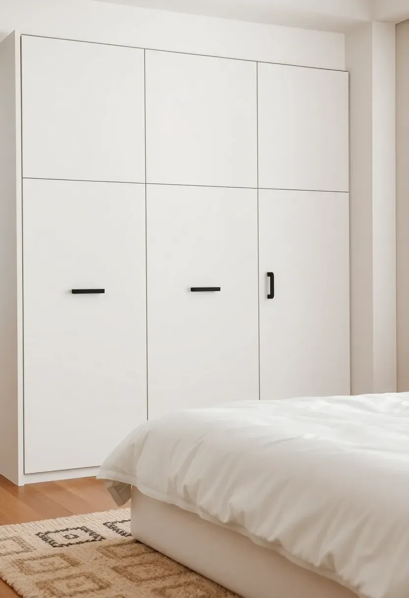 Seamless white storage wall with black recessed pulls
