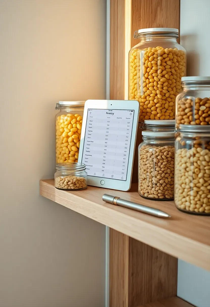 Pantry shelf with a small wall-mounted tablet showing a pantry inventory app interface, surrounded by organized glass jars of pasta, legumes, and cereals, a barcode scanner pen beside a jar