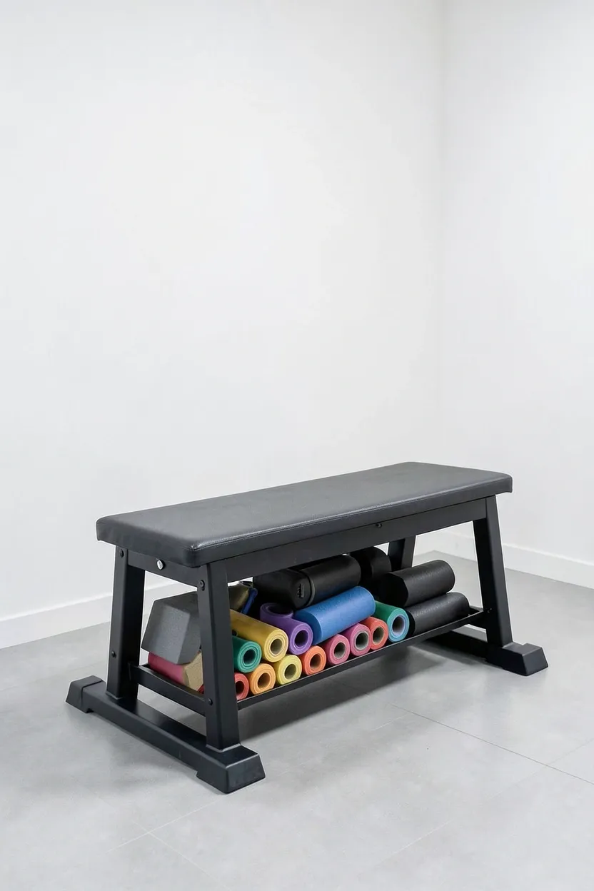 Upholstered workout bench with open built-in storage compartments beneath seat in a small home gym