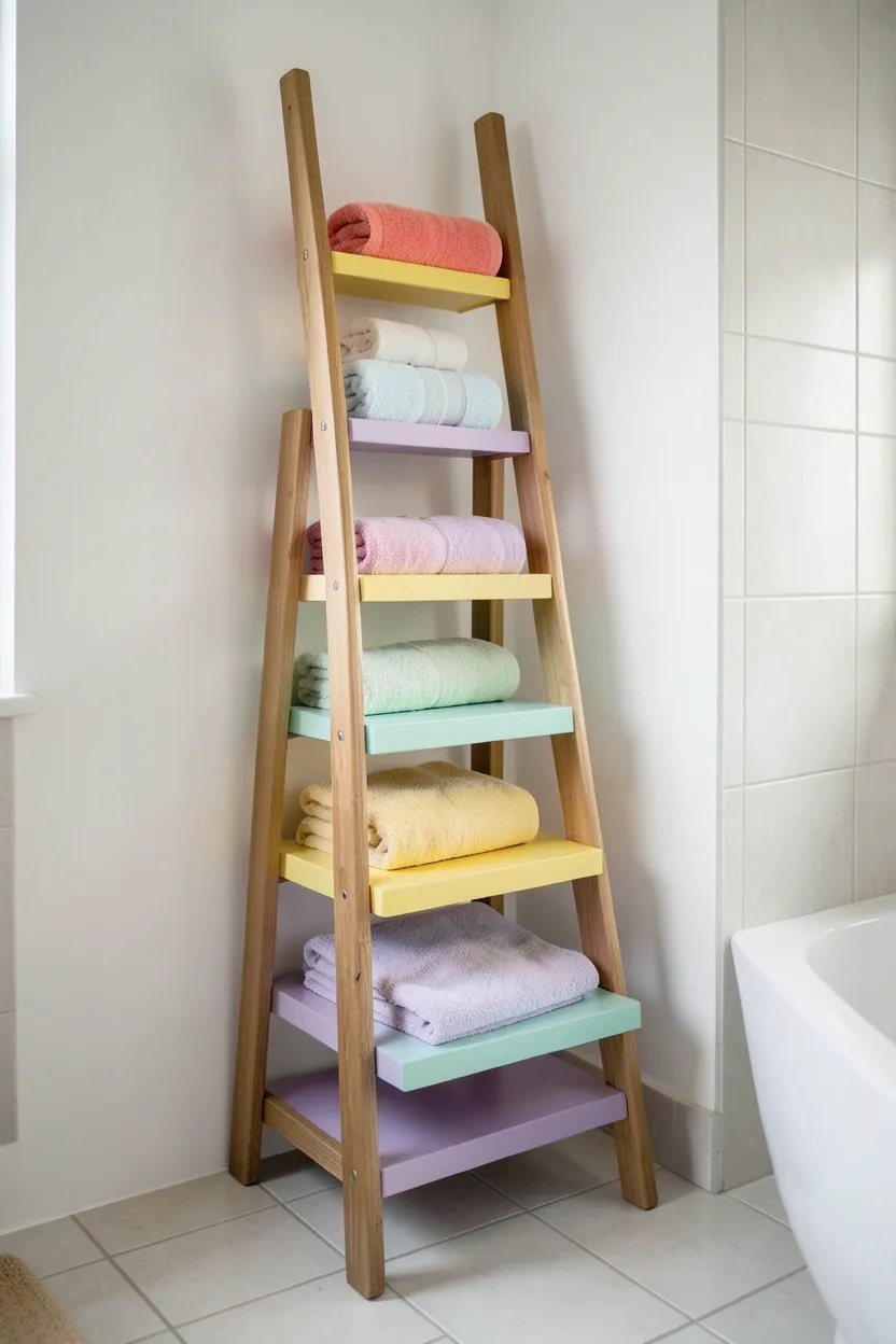 Colorful step-style towel storage tower in a small family bathroom, space-saving vertical storage inspired by Toca Boca
