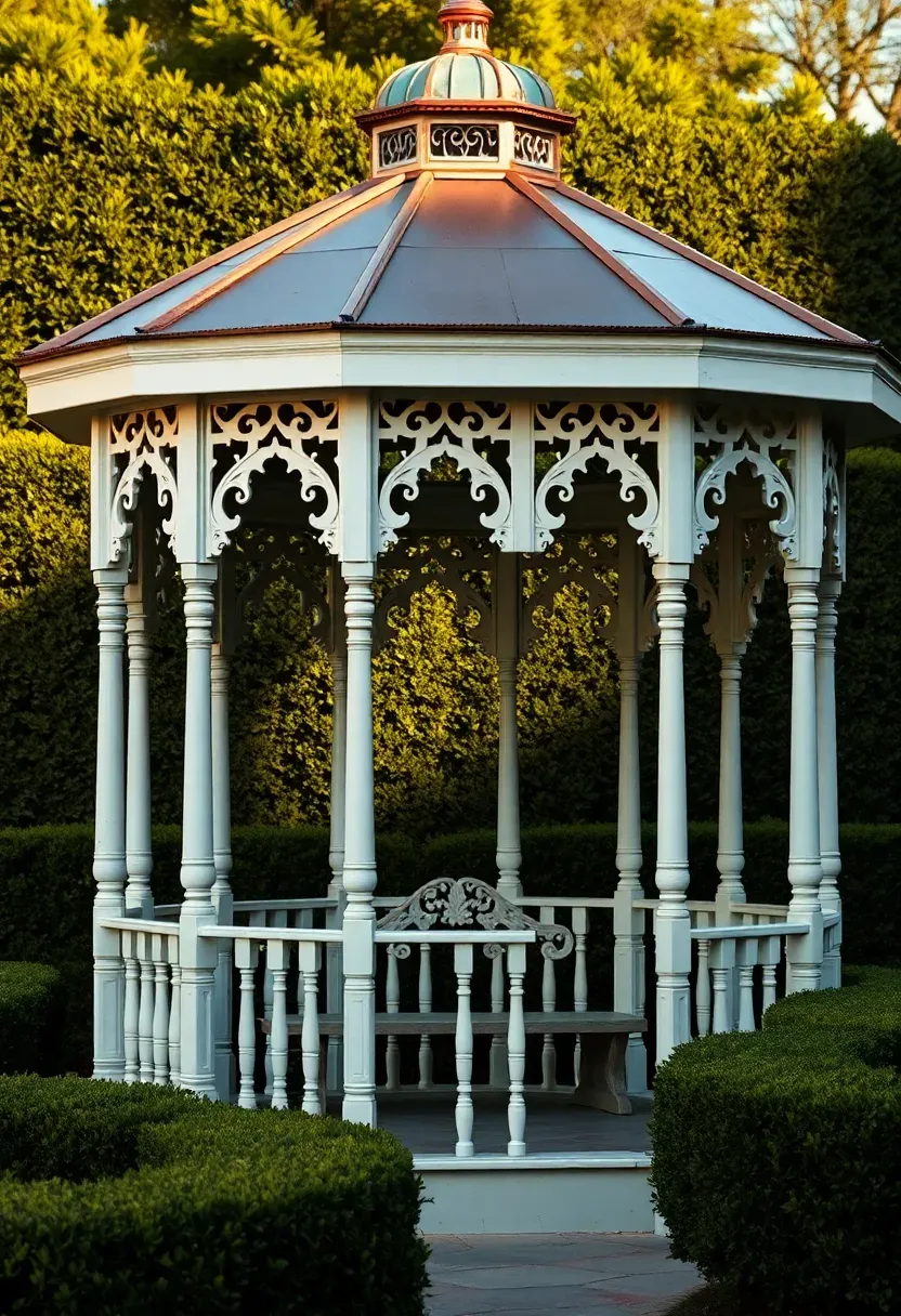 An ornate octagonal Victorian gazebo painted white with gingerbread trim, a copper-capped cupola, decorative railings, and a wrap-around bench inside set in a formal garden