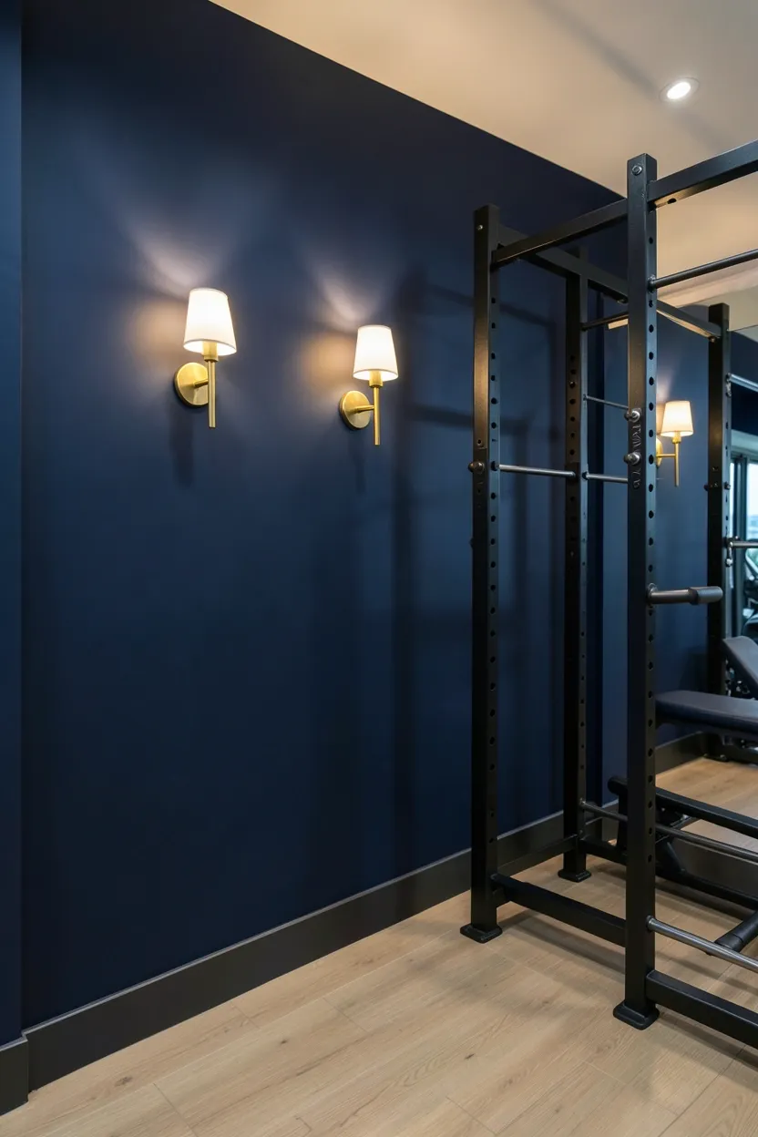 Navy blue home gym with elegant wall sconces at eye level casting warm white light against deep blue paint