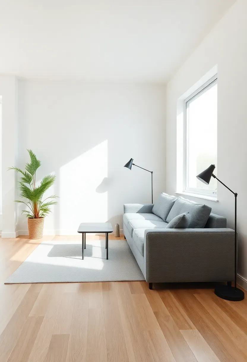 Hyper-realistic wide shot of minimalist living room with angular gray sofa positioned at slight diagonal angle, not centered on wall, asymmetric arrangement with single side table and floor lamp positioned off-center. Materials: medium gray upholstery, white walls, light oak floor, black metal floor lamp. Bright natural light from large window, relaxed modern mood emphasizing spatial dynamics. Composition showing intentional asymmetry, sharp details, shallow depth of field, no text, no logos, no watermarks.</p>