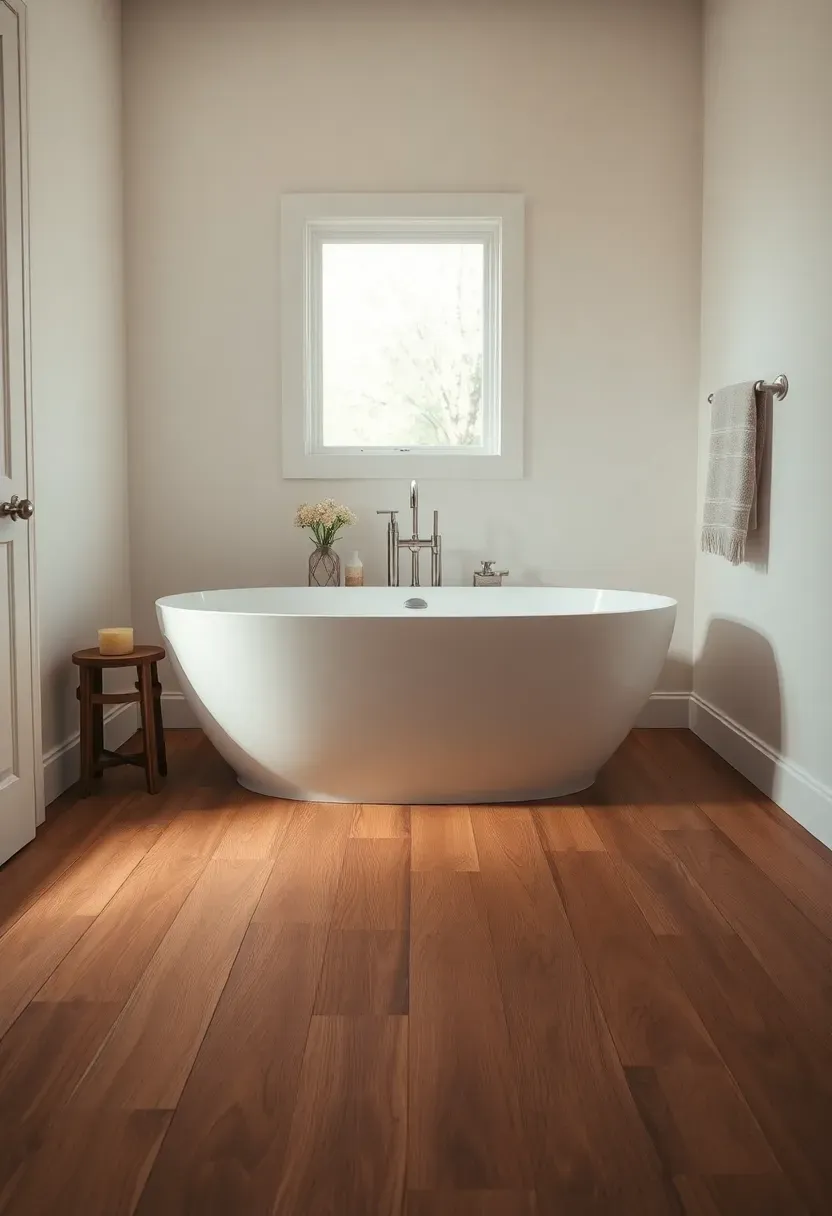 Wide-plank faux wood porcelain bathroom floor in warm walnut tone with double vanity and freestanding tub