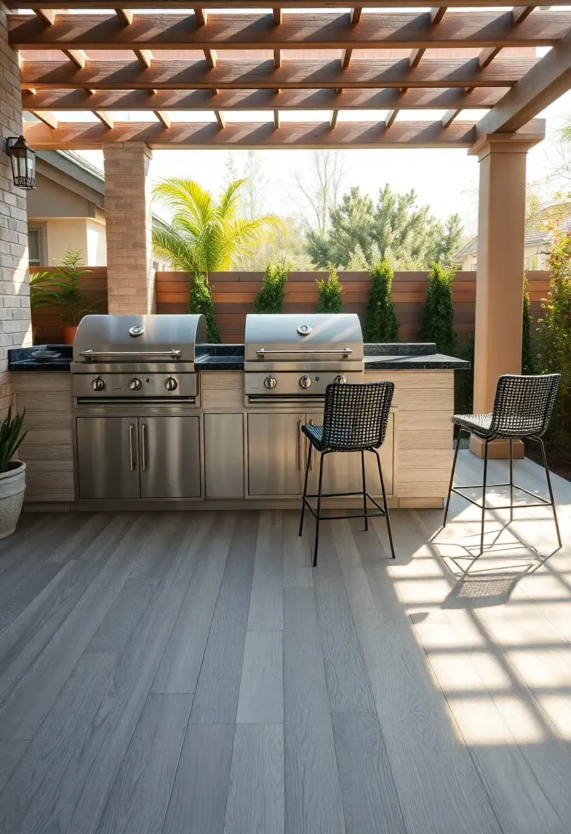 Porcelain paver floor in an outdoor kitchen area with a built-in grill island and bar seating