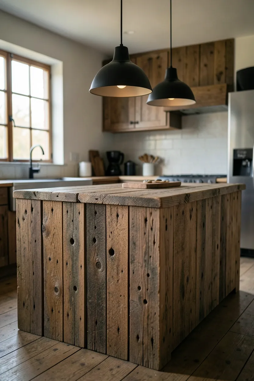 Reclaimed barnwood kitchen island with aged patina and nail holes topped with modern matte black pendant lighting — sustainable organic design