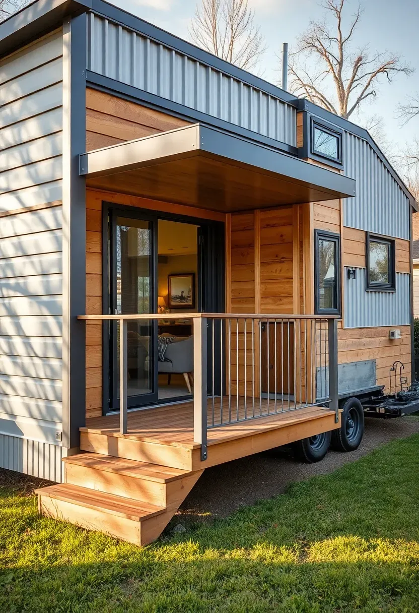 Hyper-realistic exterior view of expandable tiny house showing slide-out section extended from side, creating additional living space with folding deck railing. House features modern design with mixed materials including wood siding and corrugated metal. Set in backyard with lawn visible. Warm afternoon sunlight. Innovative design mood. Sharp details showing mechanism and expanded space. No text, no logos, no watermarks.</p>