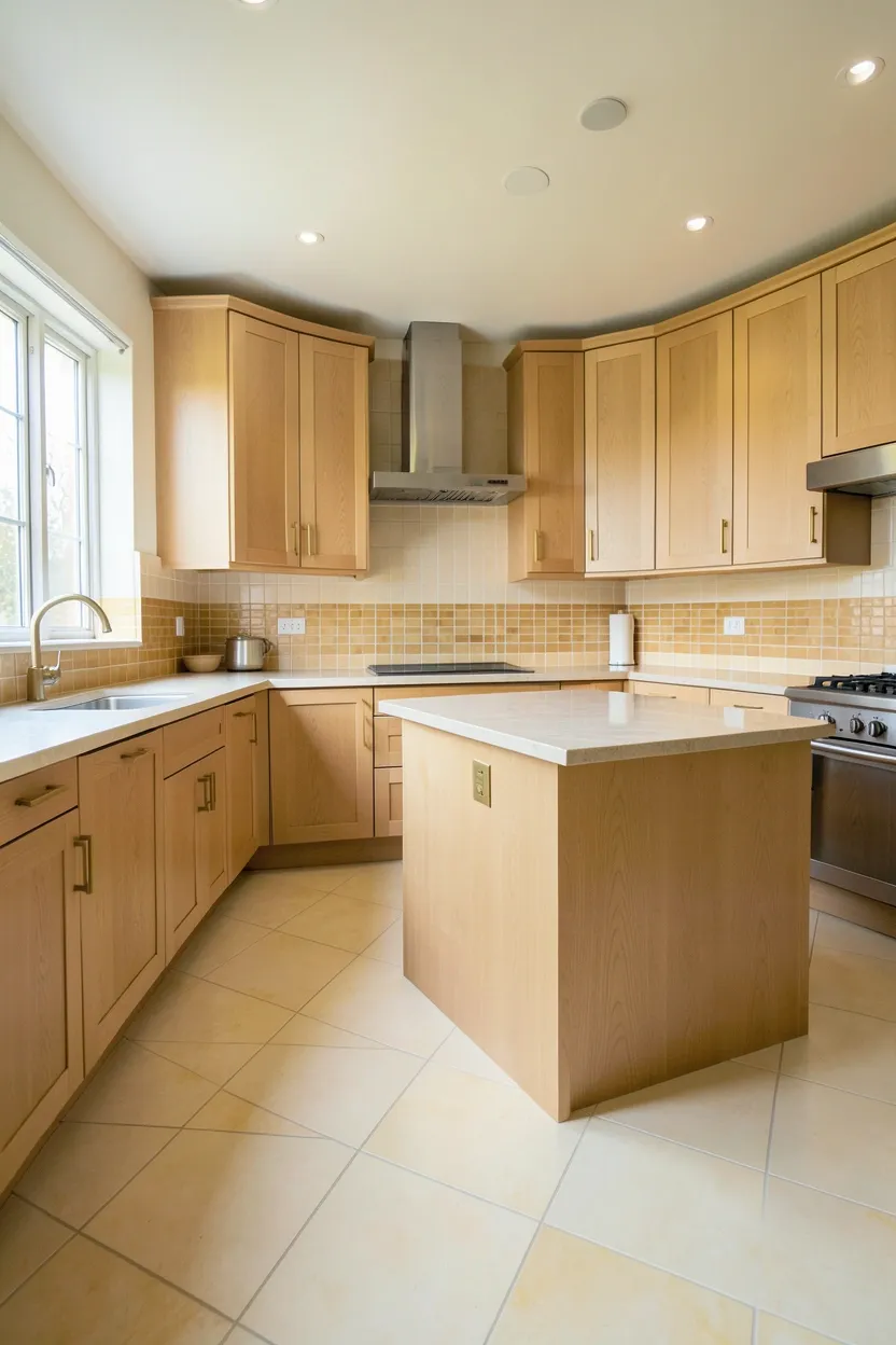 Hyper-realistic wide shot of a modern fall kitchen with large format warm neutral tiles. Floor covered in 24x24 inch matte porcelain tiles in warm cream with subtle yellow undertones. Minimal visible grout lines create seamless appearance. Same tile continues up walls as backsplash to 18-inch height. Accent strip of warm honey-colored mosaic tiles at countertop level. Light oak shaker cabinets throughout. Large island in same oak with waterfall edge. Brass hardware. Natural light from large windows. Clean surfaces. No text, no logos, no watermarks.</p>
