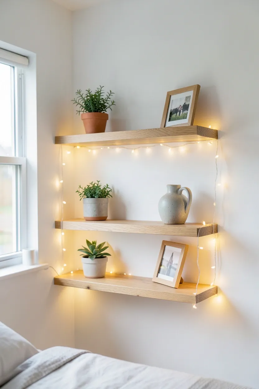 Hyper-realistic eye-level photograph of three wooden floating shelves on a white bedroom wall. Warm white fairy lights wrapped around shelf edges creating soft glow. Items displayed: small potted plants, ceramic vases, framed photos. Natural light from window nearby. Materials: natural oak wood, warm LED lights, white wall, ceramic. Modern organic mood. Shallow depth of field, sharp details on shelf items and light glow. No text, no logos, no watermarks.</p>