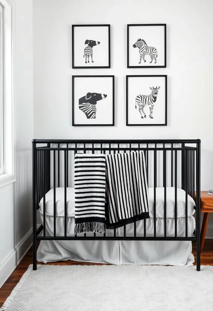 black and white high contrast boy nursery with graphic prints modern crib and bold patterns