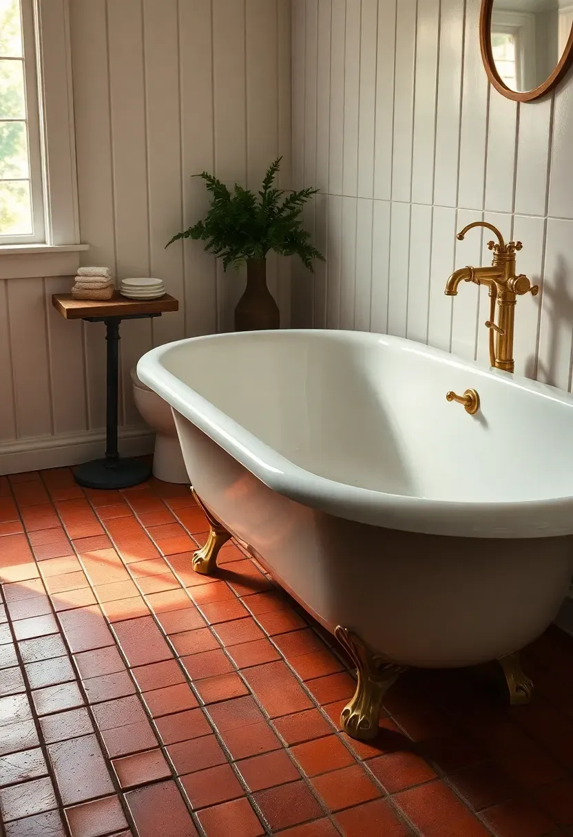 Red brick pattern quarry tile floor in a farmhouse style bathroom with white clawfoot tub and vintage brass hardware