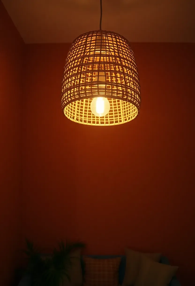 Woven rattan pendant light casting warm filtered light in a small boho minimalist living room