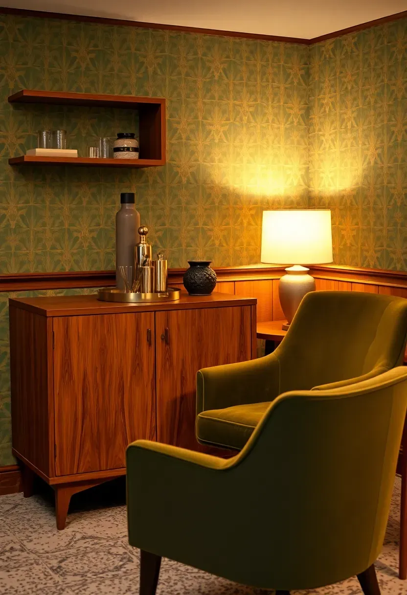 Mid-century modern basement cocktail lounge with walnut bar cabinet, tapered legs, geometric wallpaper, and brass accessories