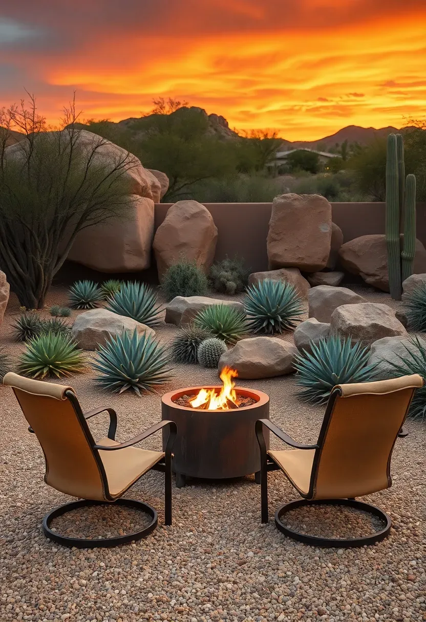 Desert backyard fire pit with corten steel column, tan canvas sling chairs, agave, prickly pear cacti, and fiery sunset sky