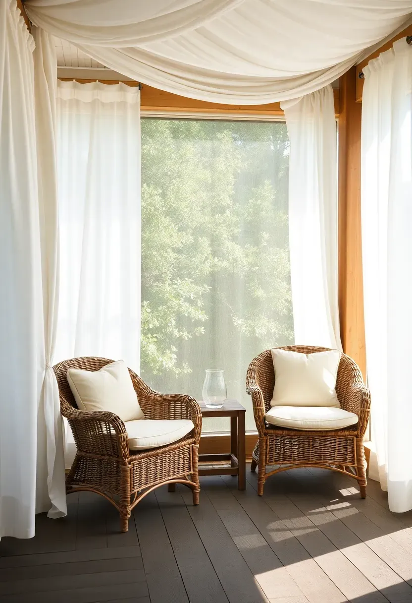 Screened back porch with flowing white outdoor curtains and wicker seating area bathed in natural light
